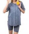 Very J Washed Stretchy Knit Activewear Top & Shorts In Denim In Blue