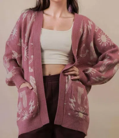 Very J Western Graphic Knit Sweater Cardigan In Mauve In Multi