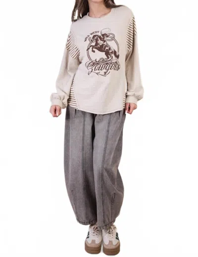 Very J Wild West Cowgirls Western Graphic Knit Top In Taupe & Beige In Brown