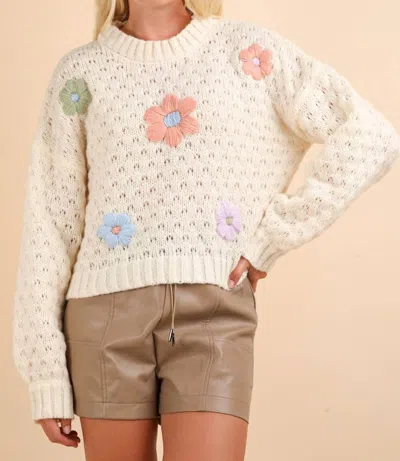 Very J Women's Hand Made Flower Applique Sweater Top In Cream In Red