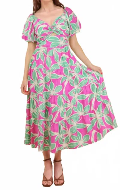 Very J Women's Kate Floral Puff Sleeve Cutout Midi Dress In Green Pink