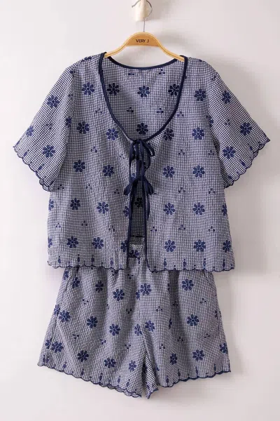 Very J Women's Womfloral Embroidery Woven Top And Shorts Set In Navy In Blue