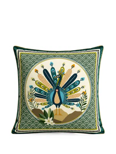 Vesta Peacock-print Cushion In Green