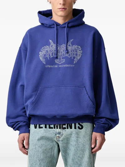 Vetements Anithate Graphic-print Distressed Hoodie In Blue