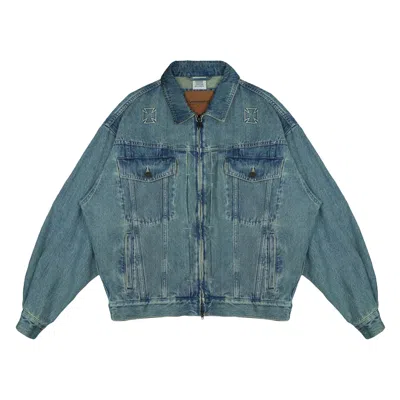 Pre-owned Vetements Biker Cross Zip Denim Jacket 'vintage Mid Blue' | Men's Size M