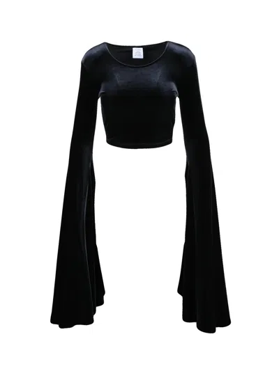 Vetements Black Bell Sleeves Cropped Velvet Blouse In Blue