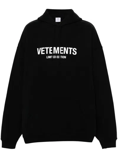Vetements Black Cotton Blend Hoodie With Textured Logo Print And French Terry Lining