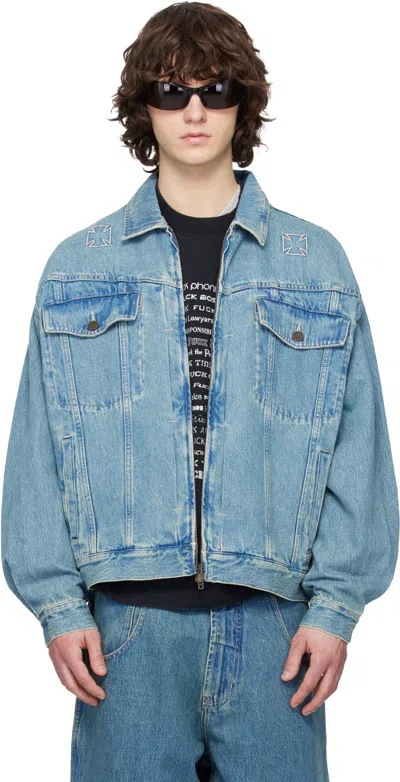 Vetements Blue Biker Crosses Denim Jacket