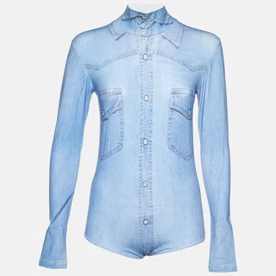 Pre-owned Vetements Blue Denim Print Cotton Long Sleeve Bodysuit S