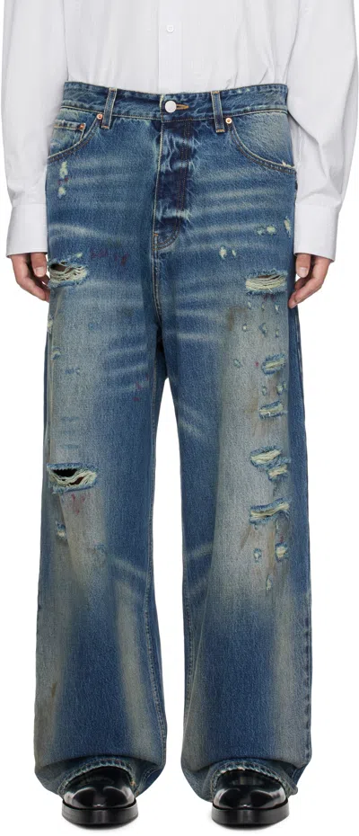 Vetements Blue Distressed Baggy Jeans In Mid Blue