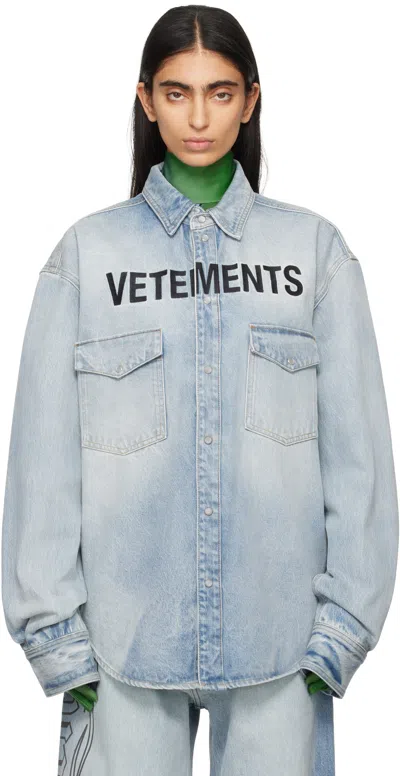 Vetements Blue Embroidered Logo Denim Shirt In Light Blue