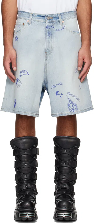 Vetements Blue Scribbled Denim Shorts In Light Blue