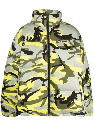 Vetements Neon Camouflage Print Tech Down Jacket In Grey,yellow,green
