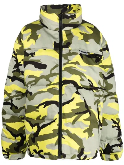 Vetements Neon Camouflage Print Tech Down Jacket In Grey,yellow,green