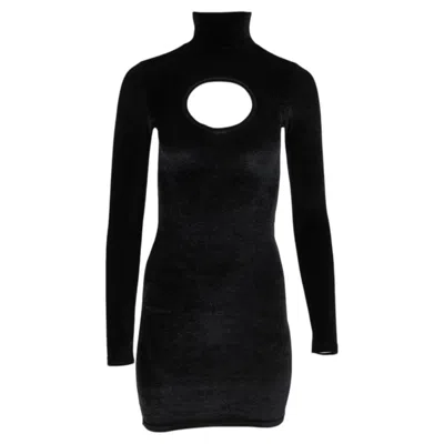 Pre-owned Vetements Cut Out Mini Dress Small Black Stretch Velvet Mock Neck Demna