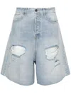 VETEMENTS DESTROYED MID-RISE RIPPED WIDE-LEG DENIM SHORTS