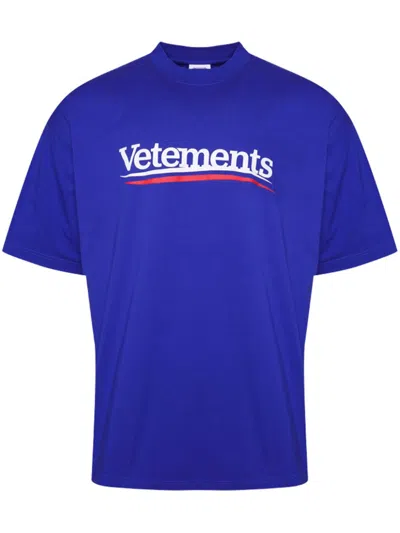 Vetements Electric Blue Cotton T-shirt With Logo Print In Navy