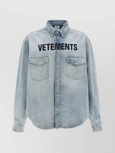 Vetements Embroidered Logo Shirt With Collar And Pockets In Blue