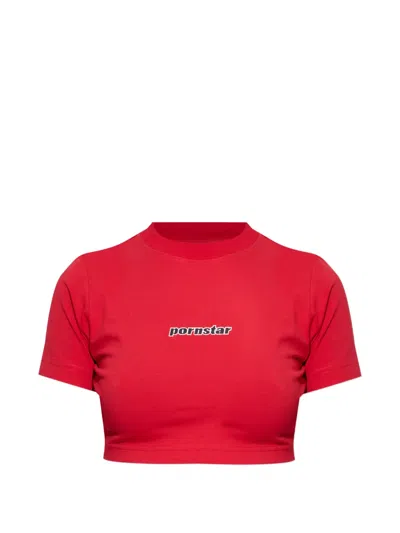 Vetements Logo Embroidered Cropped T-shirt In Red