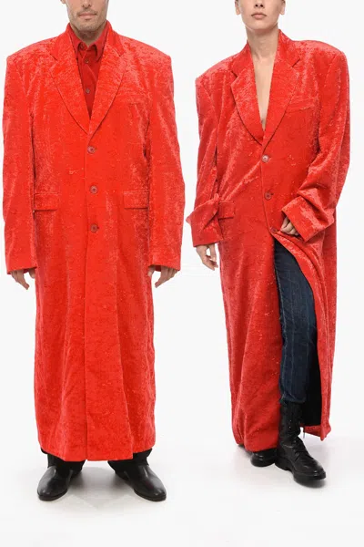 Vetements Garderobe Single Breasted Velvet Coat In Red