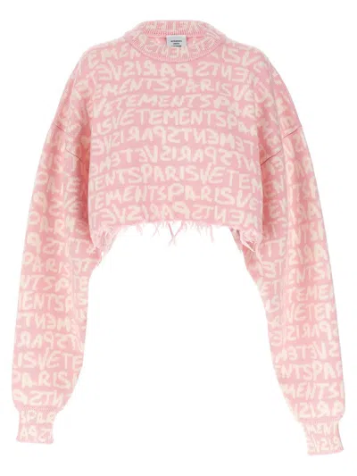 Vetements 'cropped Monogram' Distressed Crew Neck Sweater In Pink