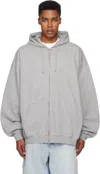 Vetements Gray Embroidered Logo Oversized Zip-up Hoodie In Grey Melange