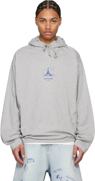 Vetements Gray Scribbled 'paris' Jersey Hoodie In Grey Melange