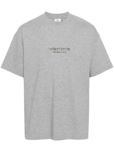 VETEMENTS GREY LIGHTWEIGHT MÉLANGE EFFECT T-SHIRT WITH EMBROIDERED LOGO FOR WOMEN