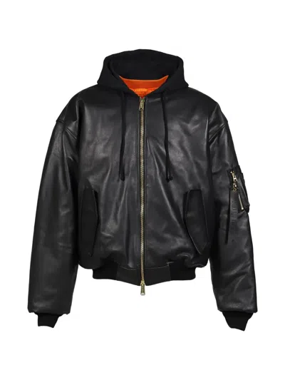 Vetements Hooded Reversible Leather Bomber Jacket In Black