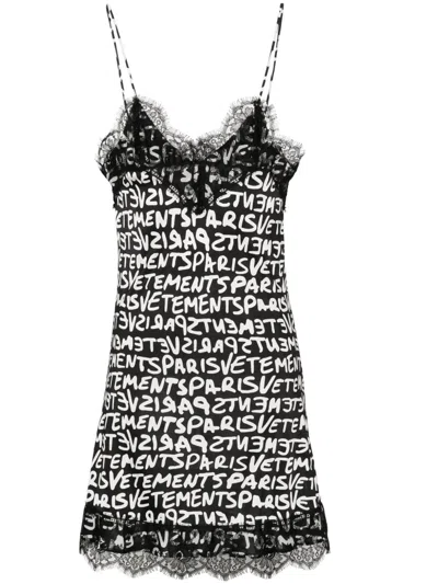 Vetements Lace-detail Logo-print Dress In Black