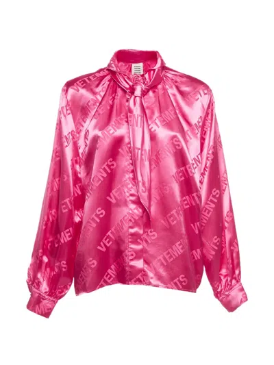 Pre-owned Vetements Logo Jacquard Neck-tie Blouse In Pink