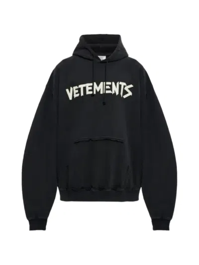 Vetements Logo-print Frayed Hoodie In Black