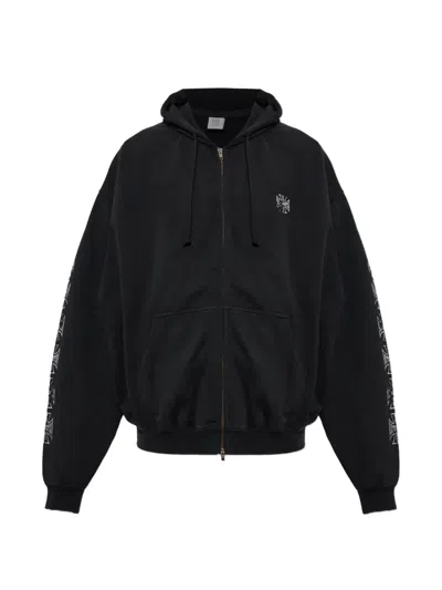 Vetements Black Biker Cross Logo Zip Up Hoodie In Blue