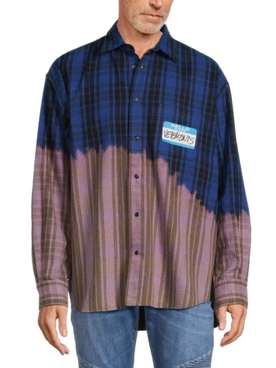 Vetements Men's Name Tag Bleach Dye Plaid Button Down Shirt In Blue Check Multi