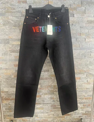 Pre-owned Vetements Multicolor Rainbow Crystal Logo Straight Leg Denim In Black