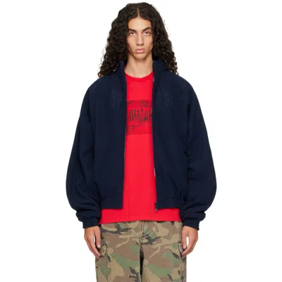 Vetements Navy Embroidered Metal Logo Fleece Jacket In Blue