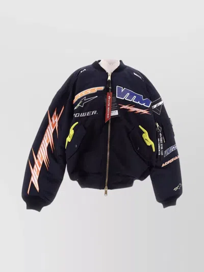 Vetements Race Printed Bomber Jacket With Ribbed Finish In Black