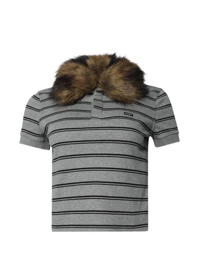 Vetements Striped Faux-fur-collar Polo Shirt In Gray