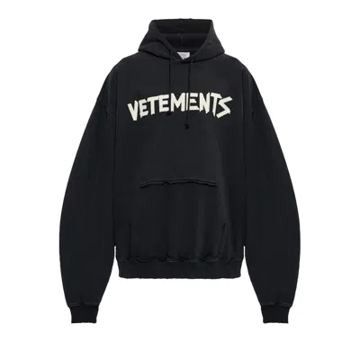 Pre-owned Vetements Tape Logo Destroyed Hoodie 'faded Black' | Men's Size L