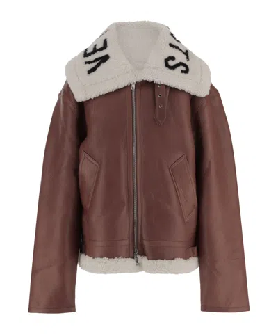 Vetements Leather Jacket With Logo In Brown