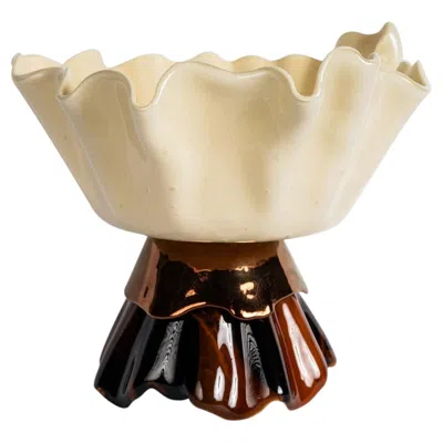 Pre-owned Vetrofuso Ballarina Cream And Red Gold Marble Effect Murano Glass Sculptural Bowl In White
