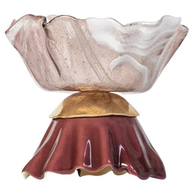 Pre-owned Vetrofuso Ballarina Gold And Pink Marble Effect Murano Glass Sculptural Bowl