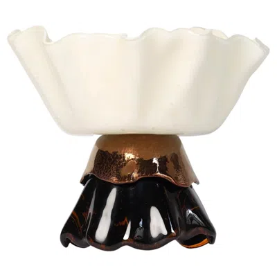 Pre-owned Vetrofuso Ballarina Ivory And Red Gold Marble Effect Murano Glass Sculptural Bowl In White