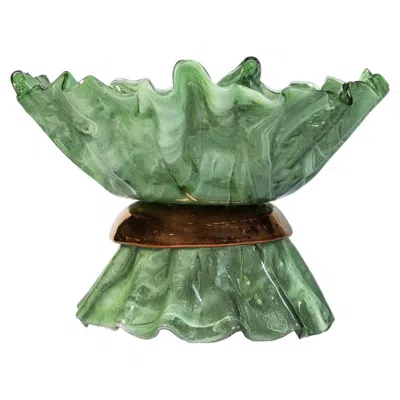 Pre-owned Vetrofuso Ballarina Sage Green And Red Gold Marble Effect Murano Glass Sculptural Bowl