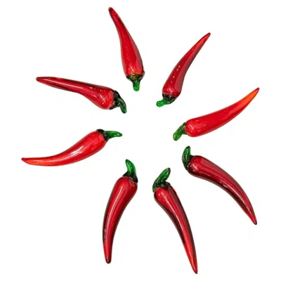 Pre-owned Vetrofuso Hand-crafted Red Glass Chili Peppers By , Italian Serveware