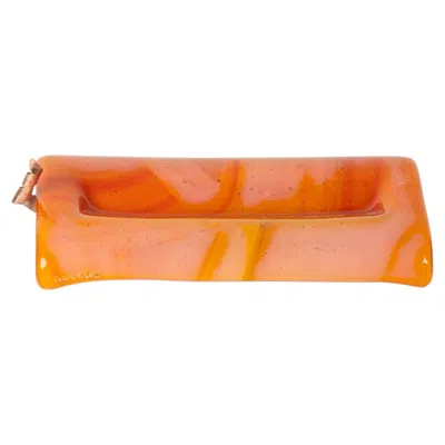 Pre-owned Vetrofuso Orange Marble Effect Murano Glass Rectangular Incense Holder
