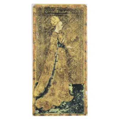 Pre-owned Vetrofuso Tarot Card The Queen Of Coins Set Of 2 By  In Brown