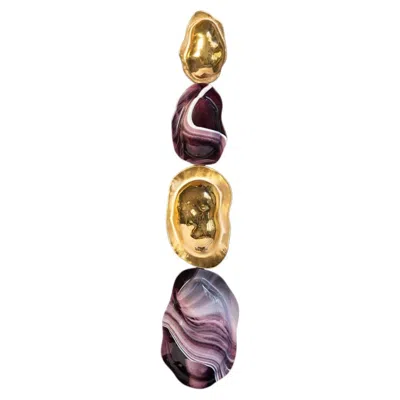 Pre-owned Vetrofuso Turtle Shell Totem Gold Metallic And Purple Marble Effect Murano Glass Sculpture