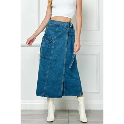 Veveret Belted Waist Cargo Denim Skirt In Medium Wash
