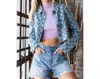 Veveret Checkered Print Cutted Hem Cropped Denim Top In Light Denim